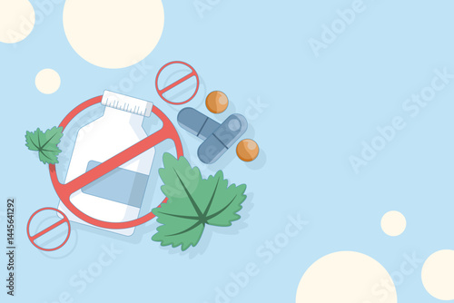 anti drug day concept. stop drug use. anti drug movement. medicine bottle with prohibition sign and marijuana leaf. flat design illustration in the background.