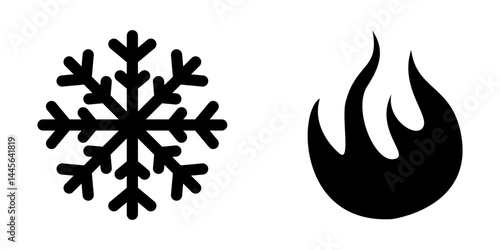 A set of hot and cold vector icons. Snowflake and flame. Symbols of fire and snowflakes in round buttons. Vector illustrations EPS 10