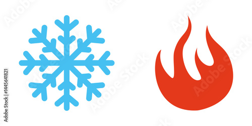 A set of hot and cold vector icons. Snowflake and flame. Symbols of fire and snowflakes in round buttons. Vector illustrations EPS 10