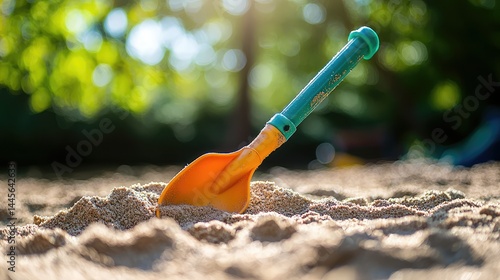 A plastic toy shovel, ready to dig in a sandbox in a backyard play area.