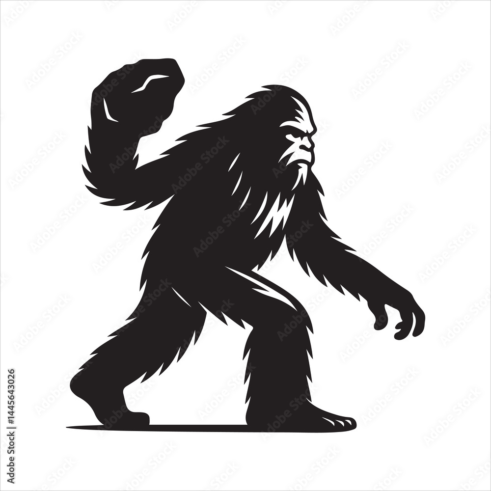 Fototapeta premium Bigfoot Ready to Throw a Rock – Refined Head and Silhouette Vector