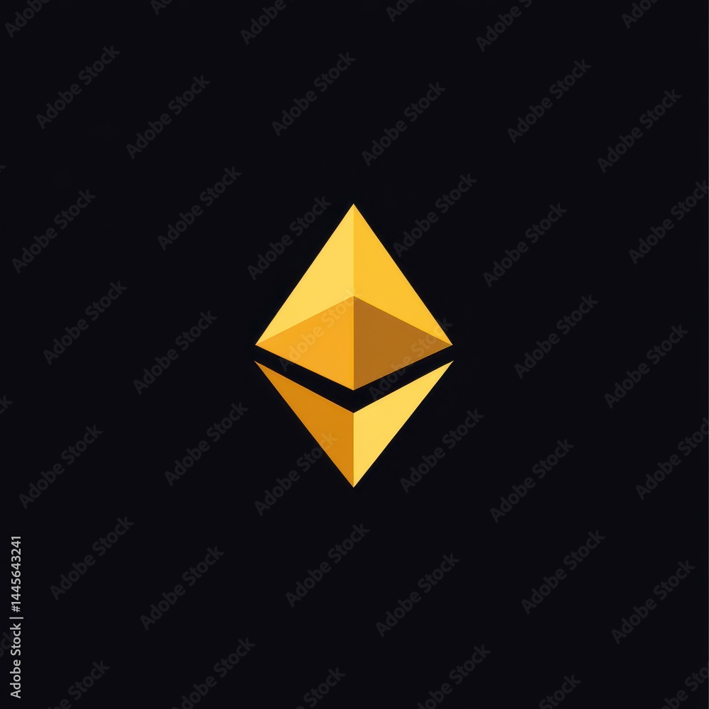 Minimal geometric gold crystal shape, sharp polygonal icon on black background, vector design.