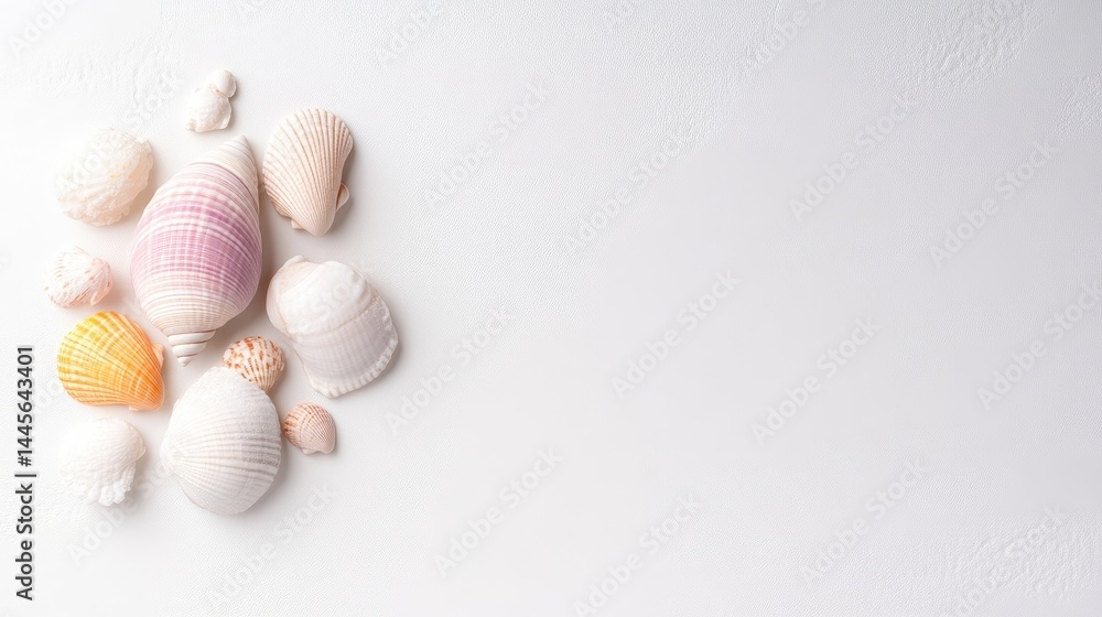 Assorted seashells arranged on a white background. A collection of various seashells in pastel colors, including pink, orange, and white, clustered on a smooth, textured white surface Assorted seashells arranged on a white background. A collection of various seashells in pastel colors, including pink, orange, and white, clustered on a smooth, textured white surface