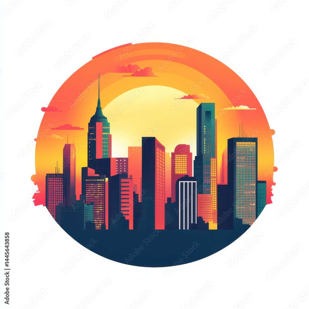 Colorful skyscrapers with sunset and birds, tall buildings, round cityscape vector illustration. Colorful skyscrapers with sunset and birds, tall buildings, round cityscape vector illustration.