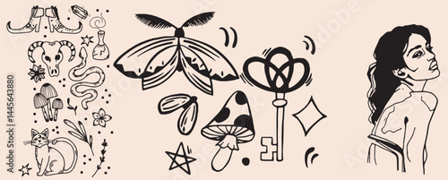 Hand-drawn vintage mystical and magic symbols illustration