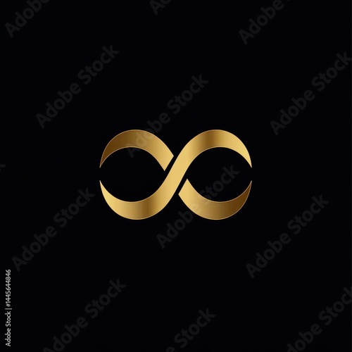 Golden infinity symbol on black background, luxurious and simple modern icon.