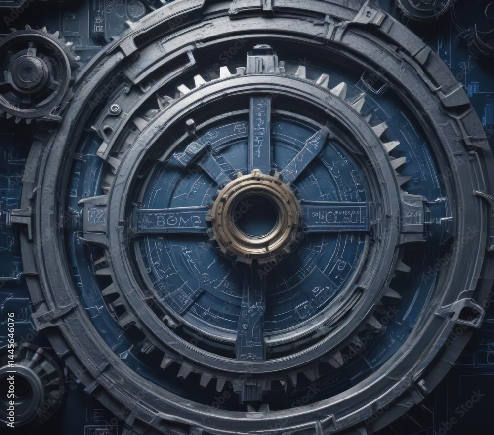 Fototapeta premium Stylized blueprint photo effect on a complex gear system image , mechanism, overlay