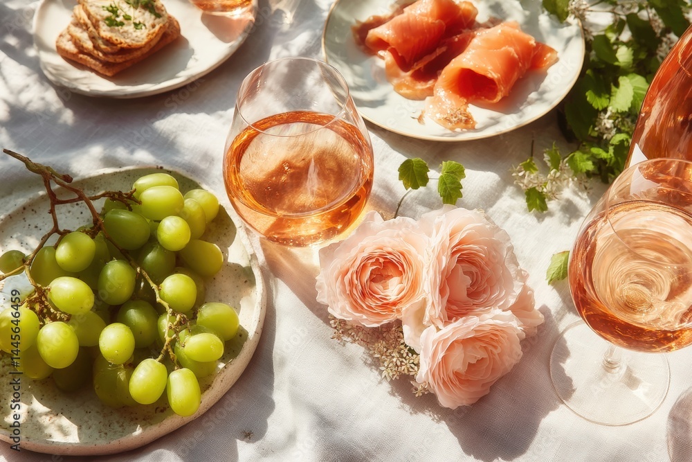 A light picnic scene with rose wine, green grapes, smoked salmon, crackers, and delicate pink flowers on a sunlit white tablecloth. A light picnic scene with rose wine, green grapes, smoked salmon, crackers, and delicate pink flowers on a sunlit white tablecloth.