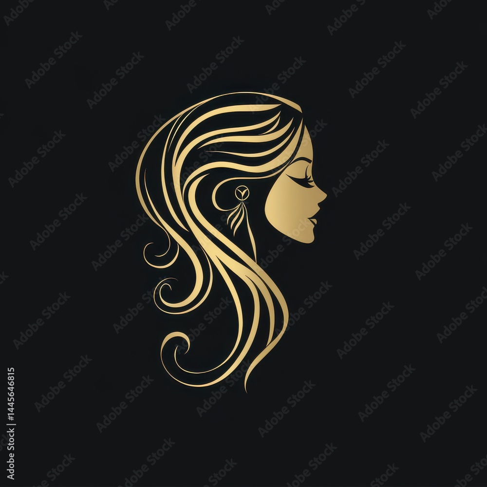 Elegant gold line female profile with heart earring, graceful hair, luxury vector art. Elegant gold line female profile with heart earring, graceful hair, luxury vector art.