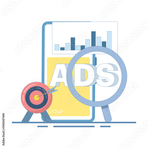 Mobile advertising strategy concept. native advertising and programmatic targeting for mobile devices. Advertising campaign. optimized mobile advertising. Flat design illustration in the background.