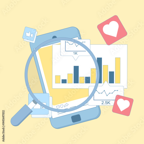 Digital marketing concept, Social media performance analysis with social media likes, followers and engagement statistics, social listening and content tracking. Flat vector illustration.