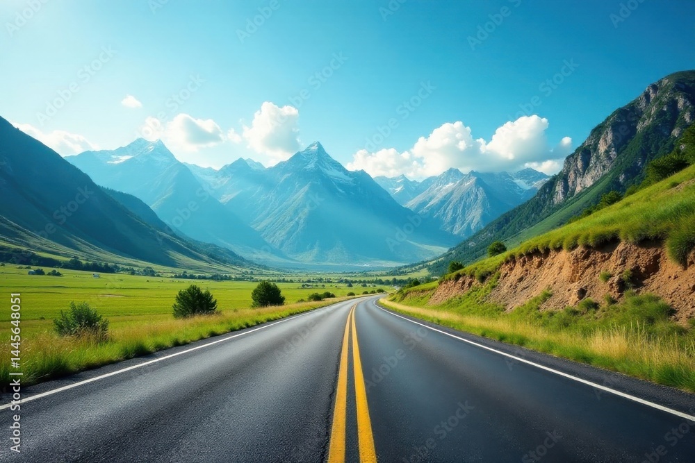 Fototapeta premium Asphalt ribbon unwinding through a majestic mountain valley, showcasing a scenic journey towards a breathtaking vista under a vibrant sky.