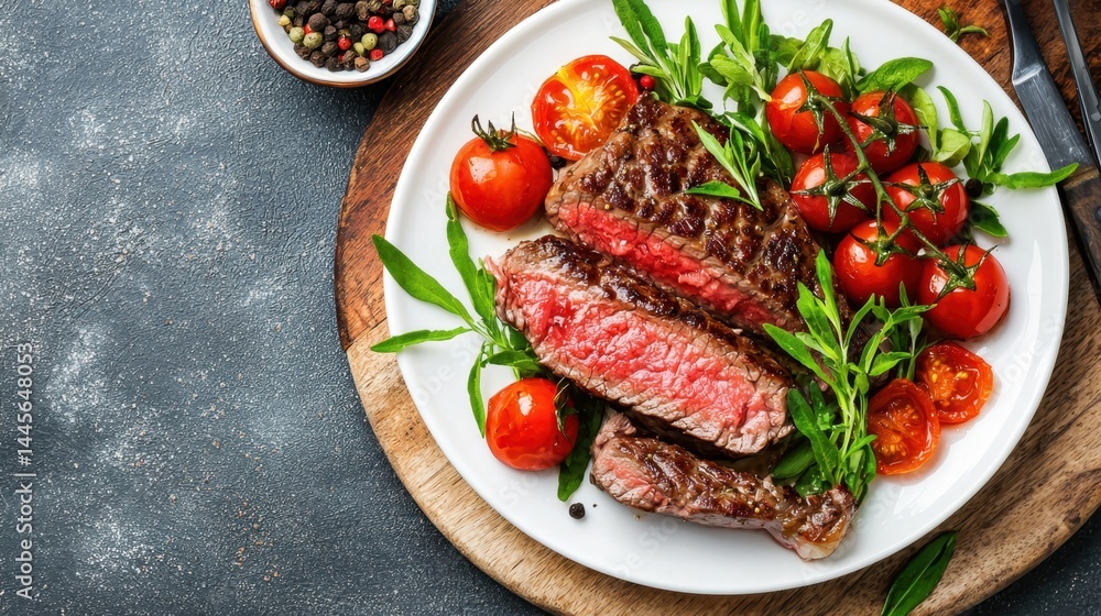 Medium-rare steak with roasted tomatoes, gourmet dining on white plate