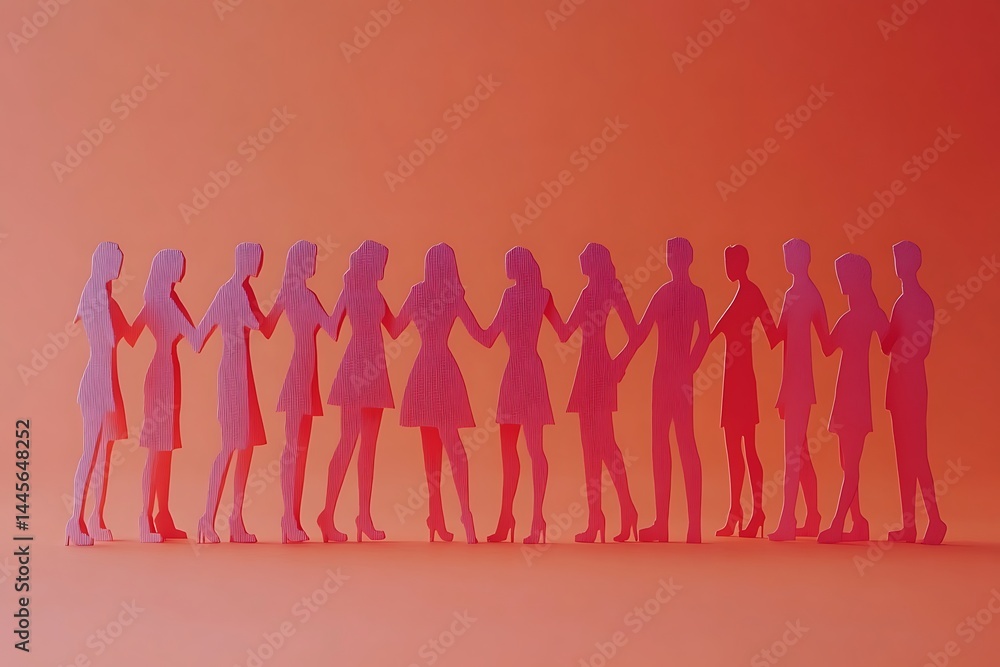Supportive Group of Pink Paper People Holding Hands Supportive Group of Pink Paper People Holding Hands