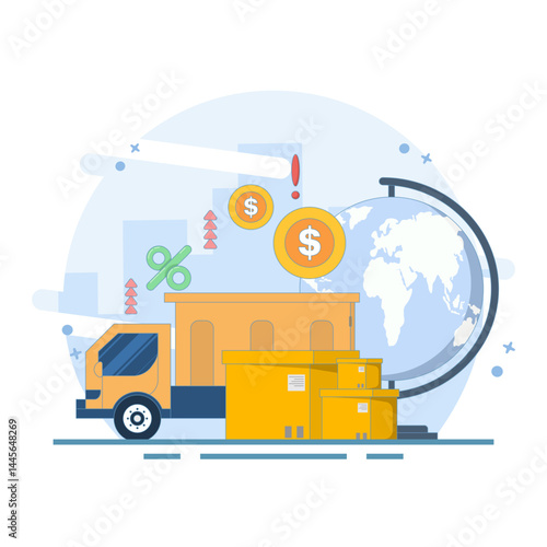 concept of import and export costs and taxes increasing or rising. increase and economy. trucks carrying products for export and import. flat design vector illustration on background.