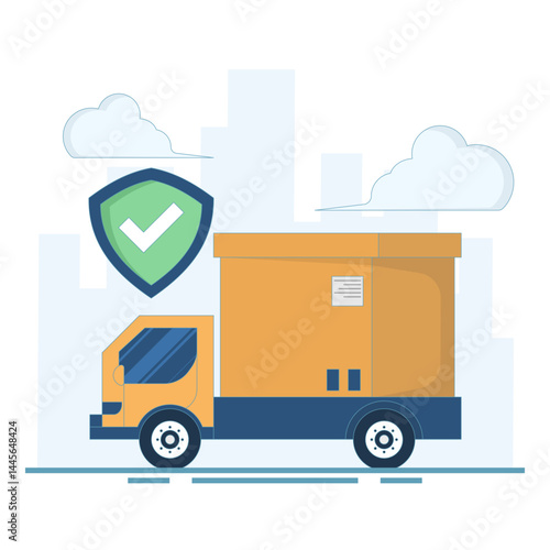 Safe Delivery Concept. Delivery Truck with Protector. Deliver parcel to destination correctly and on time. For logistics, e-commerce. on time and safe guarantee. Vector Illustration Design.
