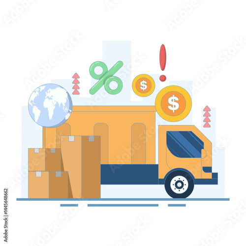 concept of import and export costs and taxes increasing or rising. increase and economy. trucks carrying products for export and import. flat design vector illustration on background.
