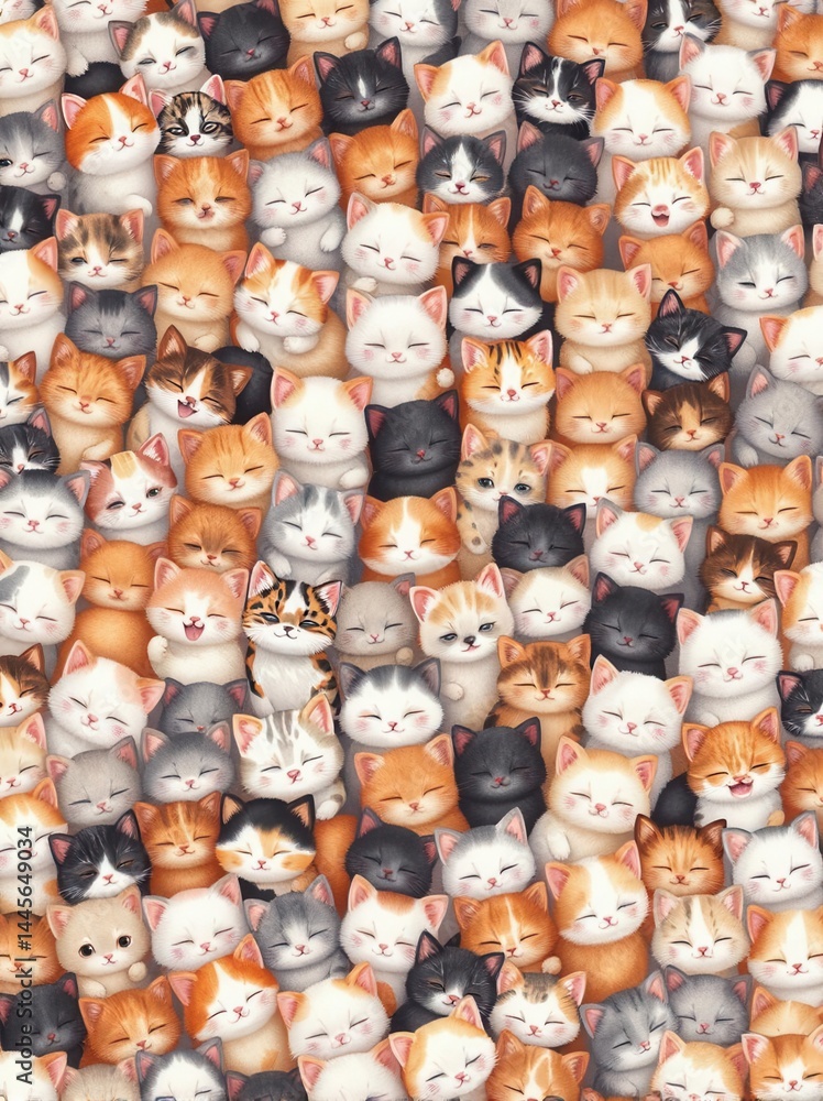 Fototapeta premium Seamless pattern of thousands of cute fluffy cats in various colors packed tightly together