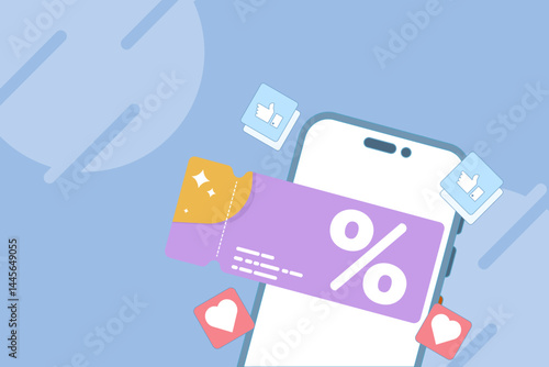 Visual promo code concept. Discount ticket with coupon icon, voucher elements for online shopping, seasonal offers and digital store deals. Discount ticket icon. Flat design vector illustration.