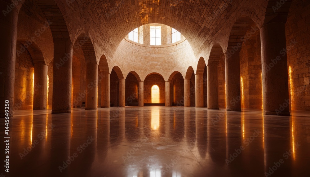 Fototapeta premium Ancient stone hall, warm light