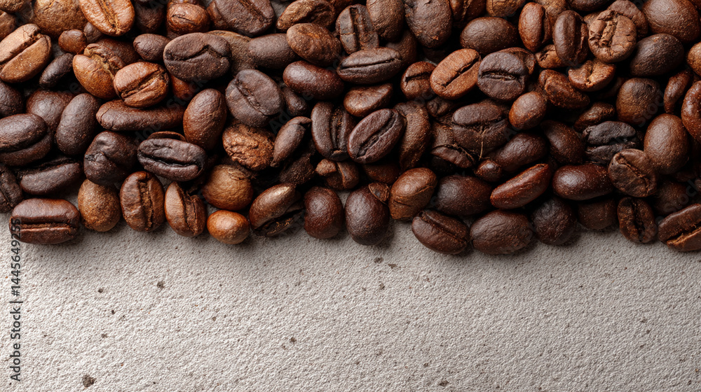 Close-up of brown coffee beans, forming a border atop a textured gray surface, showcasing a space ideal for text or branding, representing energy, warmth, and the coffee industry Close-up of brown coffee beans, forming a border atop a textured gray surface, showcasing a space ideal for text or branding, representing energy, warmth, and the coffee industry