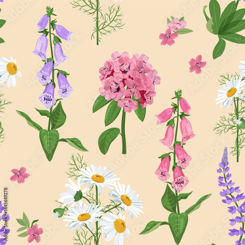Seamless vector illustration with chamomile, rhododendron and digitalis on a pink background. For decorating textiles, packaging