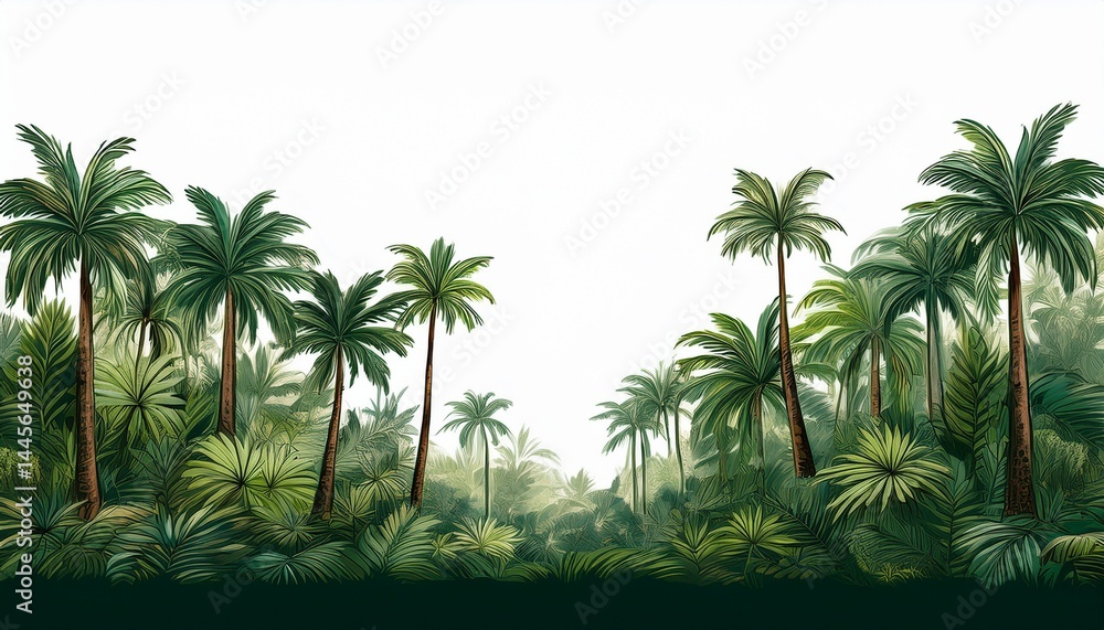 Fototapeta premium tree line lush green forest with palm trees and a white background