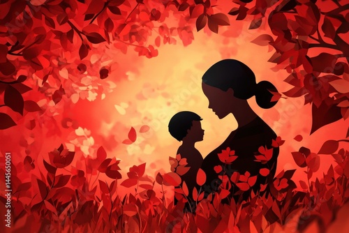 Tender maternal affection depicted in a warm, autumnal scene.