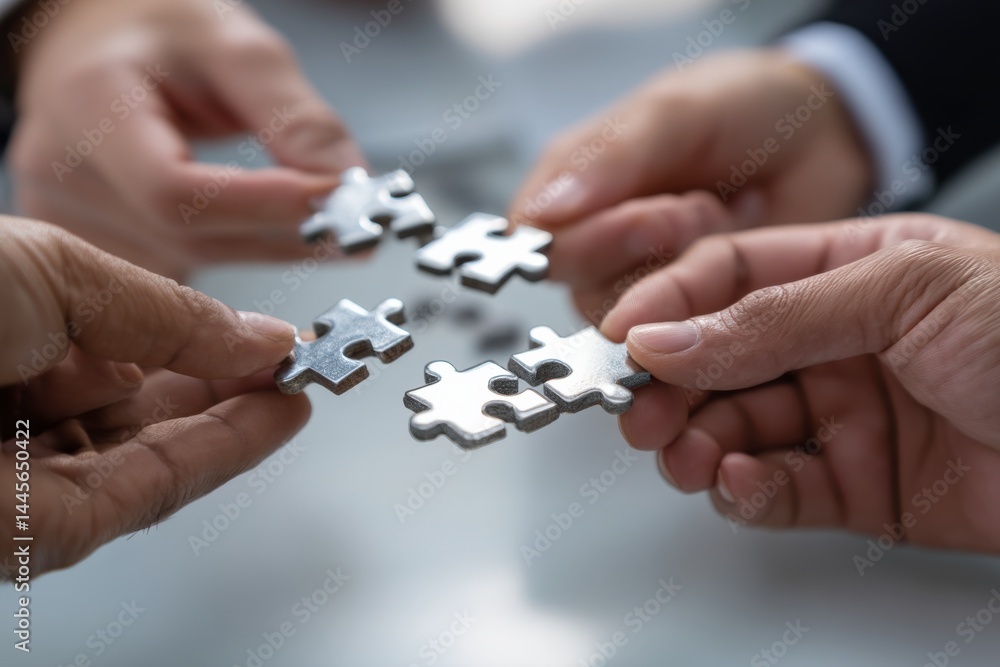 Hands of diverse people holding interconnected puzzle pieces symbolizing teamwork and collaboration. Hands of diverse people holding interconnected puzzle pieces symbolizing teamwork and collaboration.