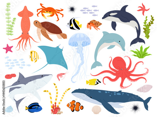 Marine animals with elements of underwater life. Sea animals vector illustration set. Cute sea or oceanic inhabitants on a white background.