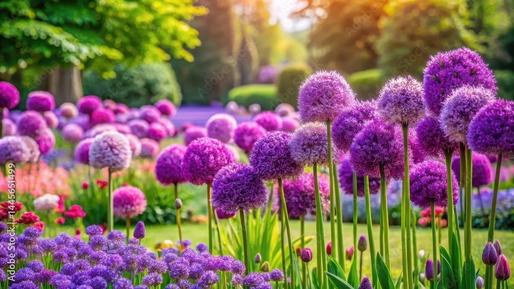 Obraz premium A stunning purple flower bed in a lush garden with vibrant blooms and delicate petals surrounding the base of the flowers, garden landscaping , floral arrangement