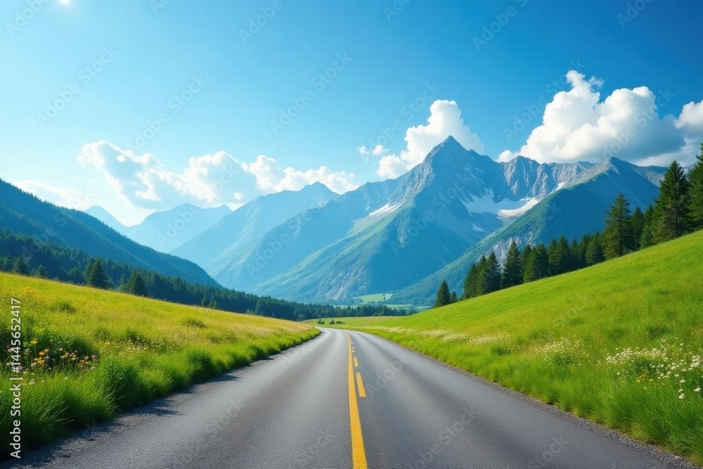 Fototapeta premium Asphalt Road Winding Through Lush Green Meadow Towards Majestic Mountain Range Under a Sunny Sky