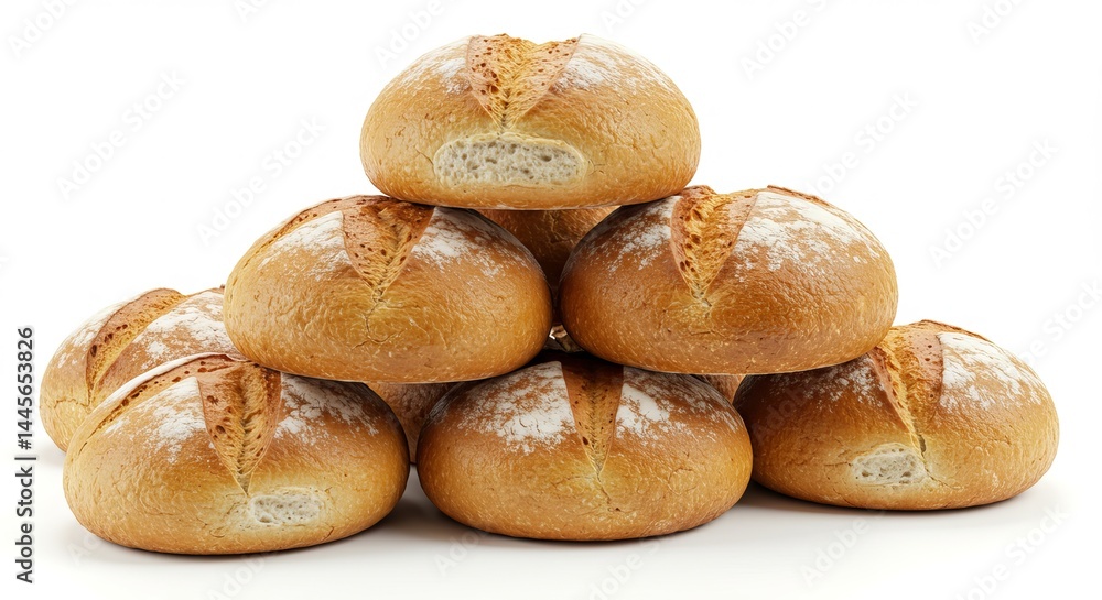 Stacked Round Loaves of Crusty Bread on a White Background Studio Shot Stacked Round Loaves of Crusty Bread on a White Background Studio Shot