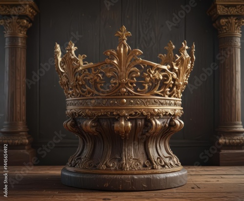 Ornate golden crown atop aged wooden pedestal  Rich textures, intricate details , masterpiece, royalty, classic