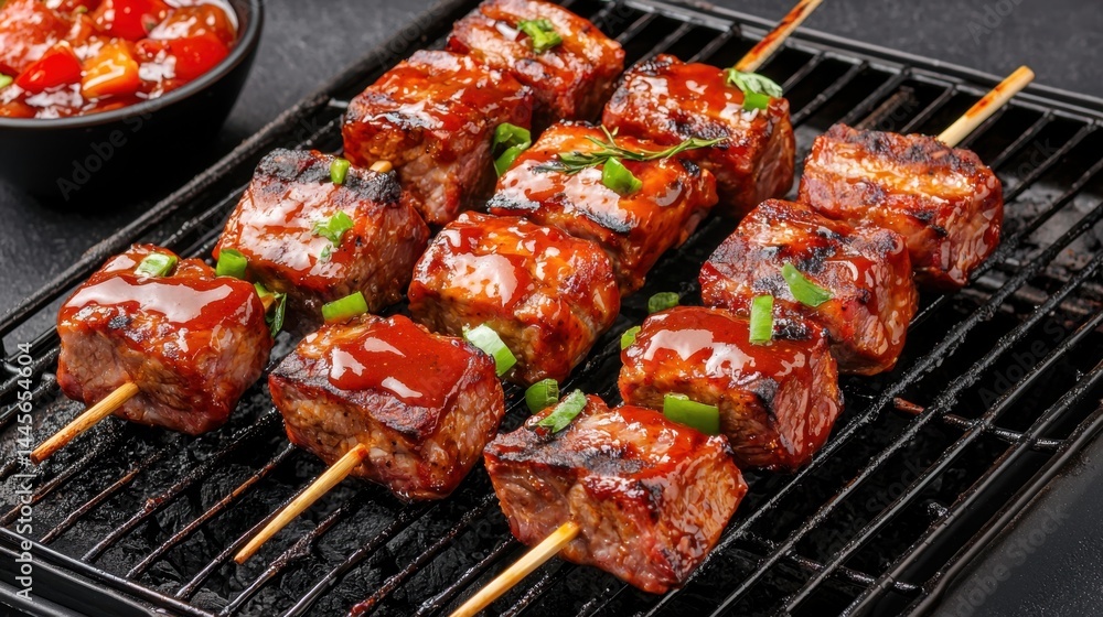 Pork ribs glazed with BBQ sauce on grill with smoky background for bold meat concept Pork ribs glazed with BBQ sauce on grill with smoky background for bold meat concept