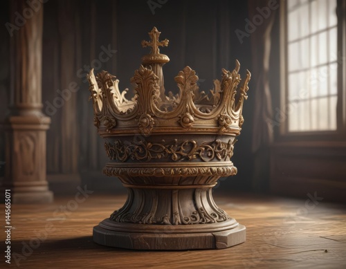 Ornate golden crown sits atop aged, carved wooden pedestal , crown,  golden,  wooden