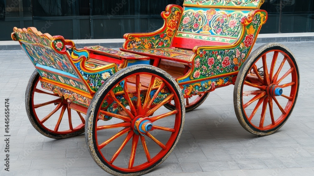 Ornate painted cart on paved plaza Ornate painted cart on paved plaza