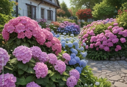 Wallpaper Mural Vibrant hydrangeas amidst colorful blooms and charming garden decor , pink, shadow Torontodigital.ca
