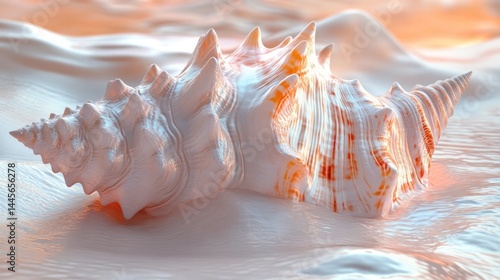 Glowing Seashell on Tranquil Beach with Vibrant Sunset Reflection  Beautifully lit seashell against a backdrop of soft warm toned ocean waves and a serene coastal landscape