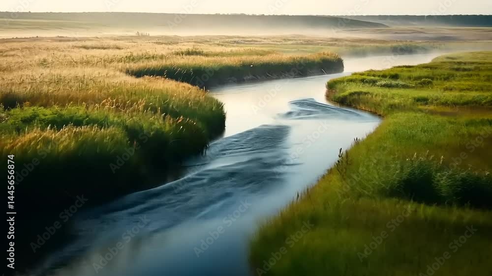 Serene waterway amidst lush fields, capturing peaceful and reflective natural beauty Serene waterway amidst lush fields, capturing peaceful and reflective natural beauty