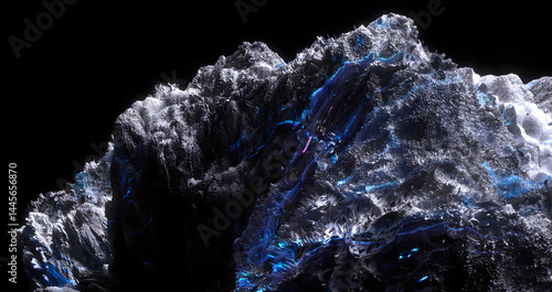 Fototapeta Naklejka Na Ścianę i Meble -  3d render of abstract art with surreal mineral geology stone object ocean coral reef or asteroid or winter ice cold mountain rock stone object on a black background with neon fluorescent glow elements