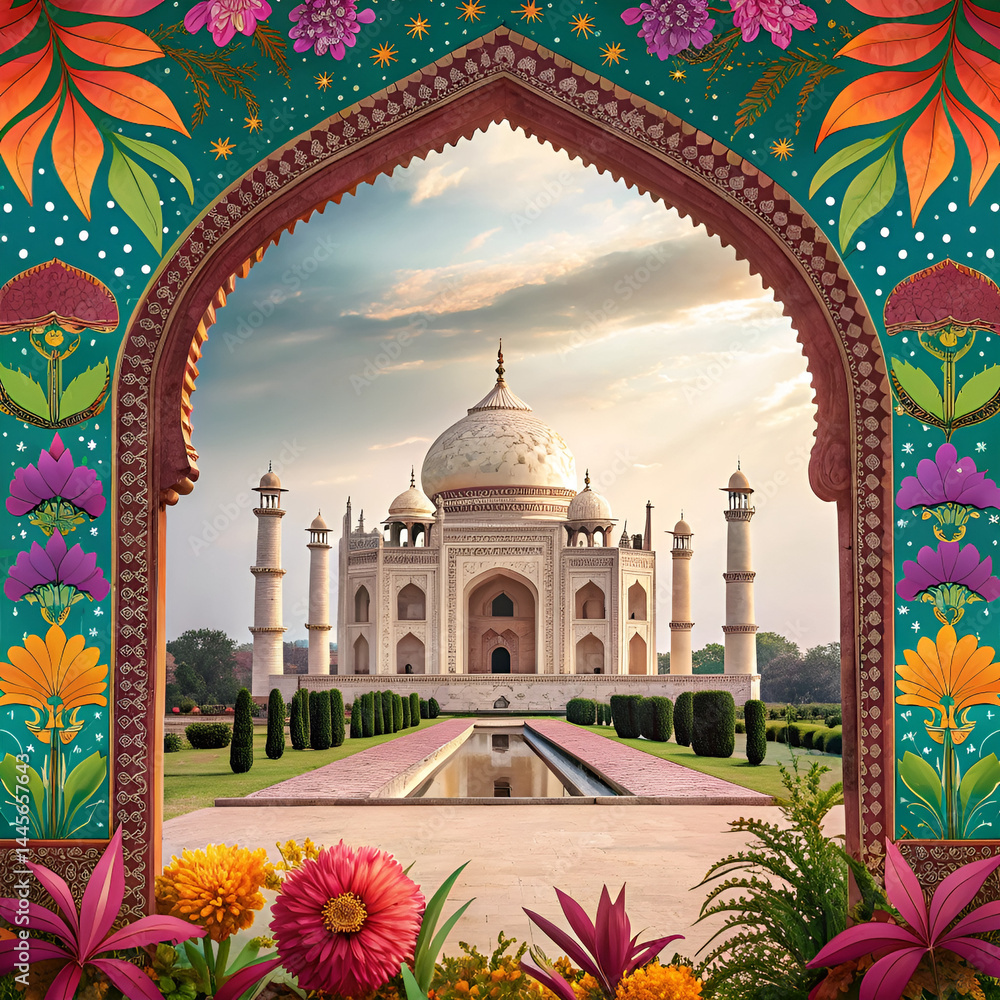 Obraz premium Taj Mahal Vector Symbols with Mughal Arch and Floral EPS Background for Indian Heritage and Cultural Design