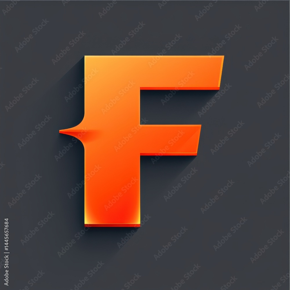 Fototapeta premium Bold orange letter F with smooth 3D effect and angular edges, strong contrast on dark gray background.