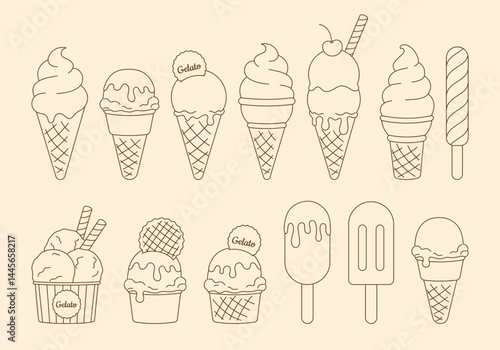 Summer set of flat contour ice cream doodle hand drawn icon, element. Outline drawing gelato in waffle, paper cone, clipart collection on white background. Vector EPS10