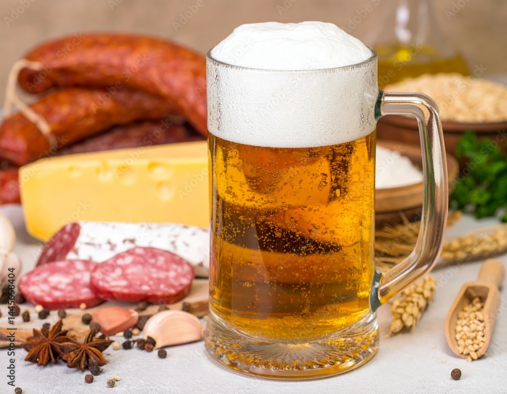A frothy mug of ale on a table surrounded by sausage, cheese, grains, and spices, evoking a rustic, hearty meal in a warm, inviting setting. A frothy mug of ale on a table surrounded by sausage, cheese, grains, and spices, evoking a rustic, hearty meal in a warm, inviting setting.