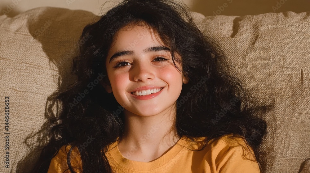 Smiling Hispanic teen relaxing on couch while scrolling her phone, casual home vibe