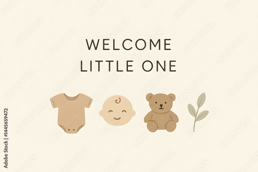 A baby-themed design featuring a onesie, a smiling baby face, a teddy bear, and a leaf, with the text Welcome Little One. Concept Baby Onesie Design, Smiling Baby Face, Cute Teddy Bear, Leaf Accent