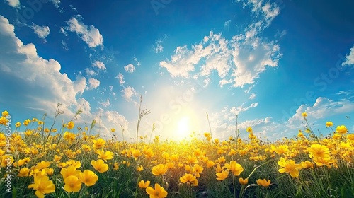 A field of bright yellow rapeseed flowers under blue sky, wide angle, vibrant colors, high realism 