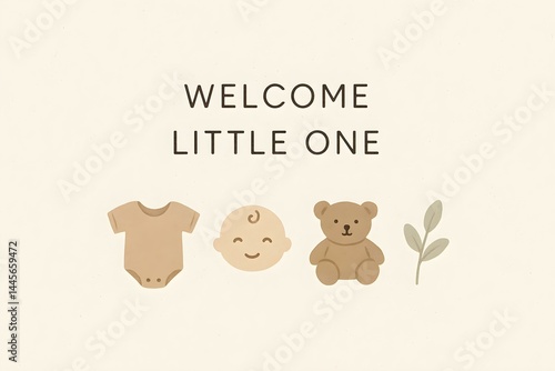 Obraz na płótnie A baby-themed design featuring a onesie, a smiling baby face, a teddy bear, and a leaf, with the text Welcome Little One. Concept Baby Onesie Design, Smiling Baby Face, Cute Teddy Bear, Leaf Accent w salonie