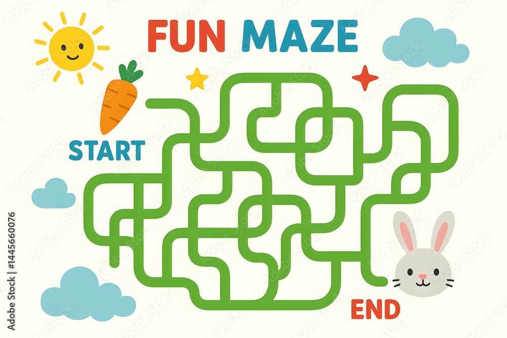 A colorful maze design with a smiling sun, a carrot, clouds, and a cute bunny at the end, labeled START and END. Concept Colorful Maze Design, Smiling Sun Illustration, Cute Bunny Character